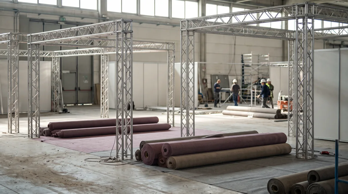 Padiglione fieristico con stand in allestimento, tralicci di alluminio e rotoli di moquette a terra