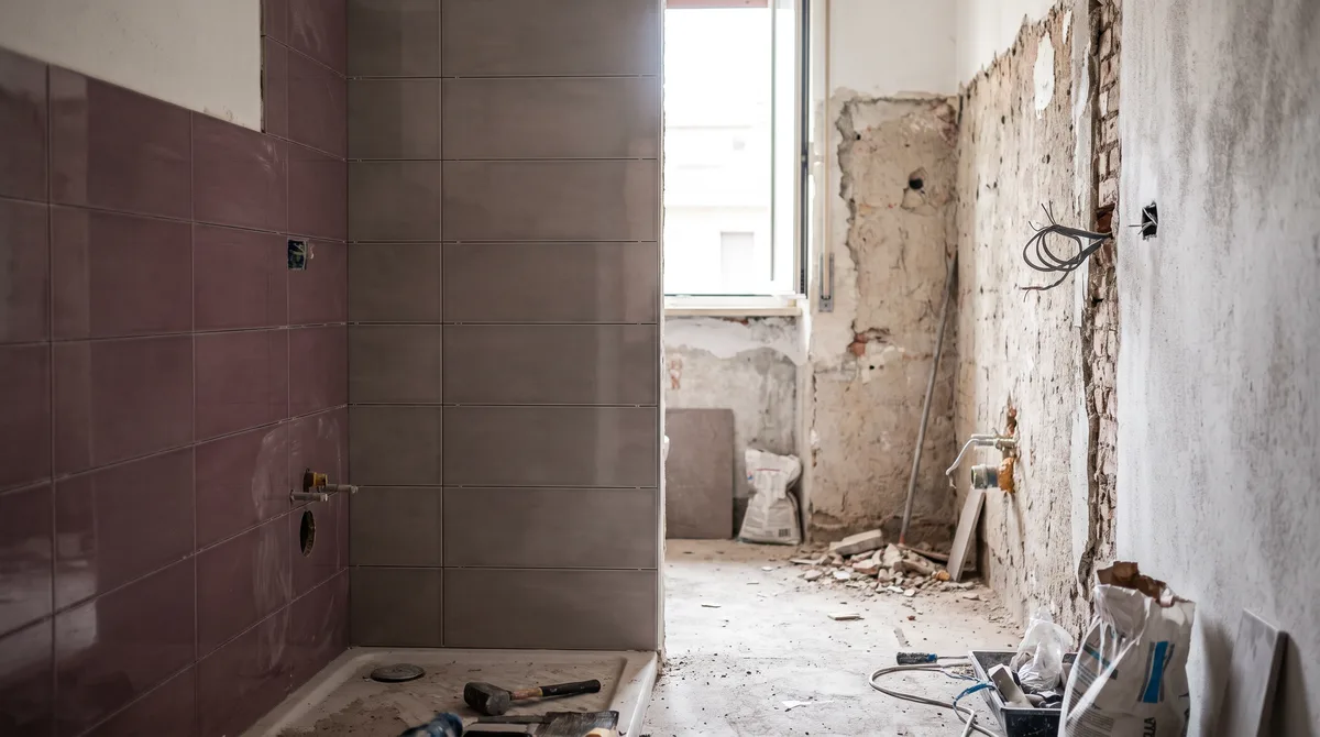 Bagno appena piastrellato accanto a una parete ancora grezza nello stesso appartamento in ristrutturazione